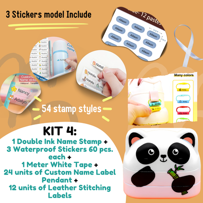 Kit 4: Sello Doble Tinta + 3 Pegatinas Waterproof 120 unidades cada una + Cinta Blanca + Cordón + Etiqueta De Cuero Para Coser